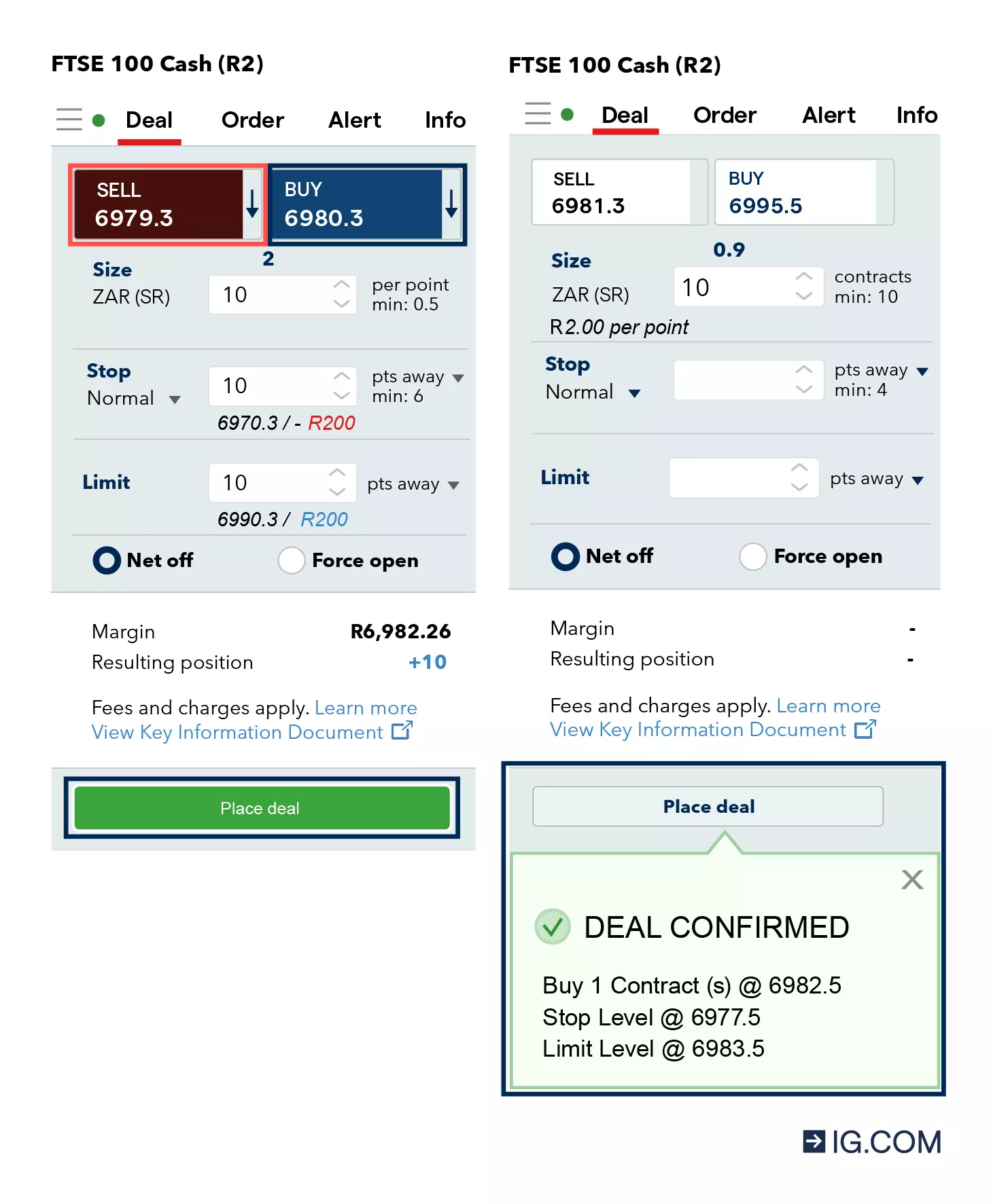 Two screenshots of the IG platform deal ticket showing how to place a trade and what it looks like when the deal is confirmed.