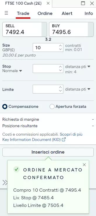 Due screenshot del ticket di negoziazione sulla piattaforma di IG che mostrano come aprire una posizione e come appare la pagina al trader una volta che l'operazione viene confermata.