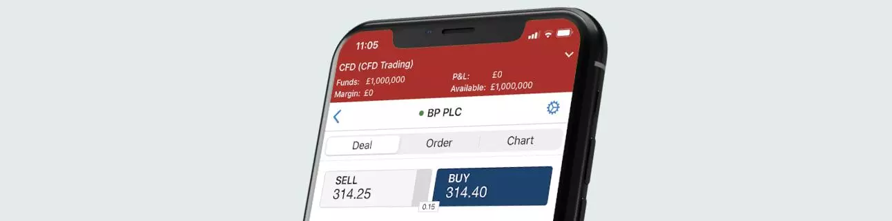 Phone showing CFD trading with deal, order and chart options on the app