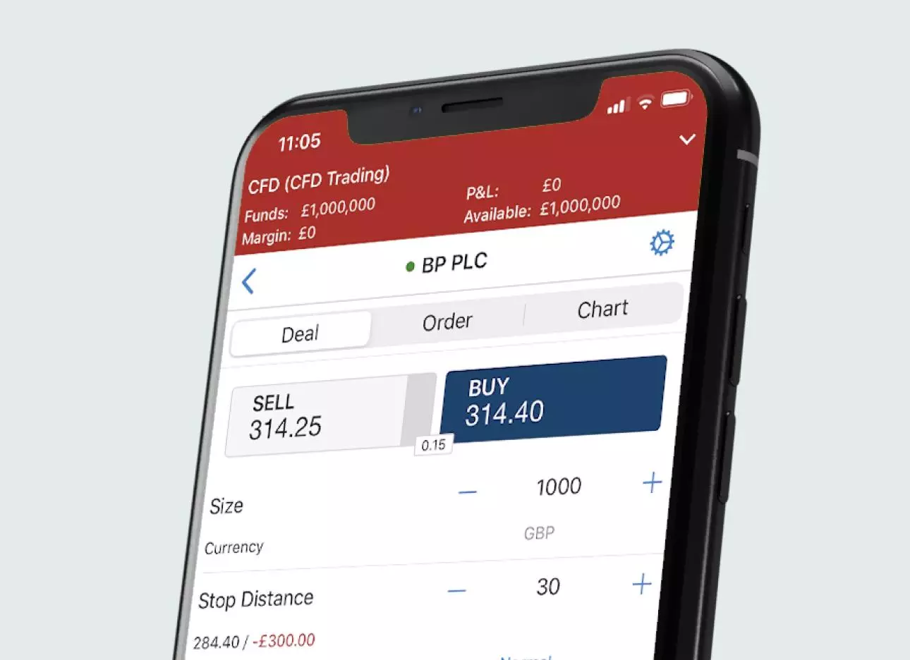 Phone showing CFD trading with deal, order and chart options on the app