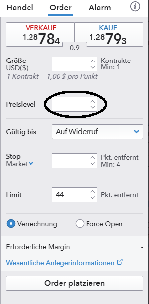 Eingabe-Ordermaske für das Trading mit der IG Trading Plattform, Preislevel
