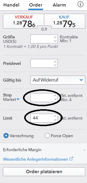 Entry-Order mit Stop-Loss und Limit/Take Profit Order, Ordermaske