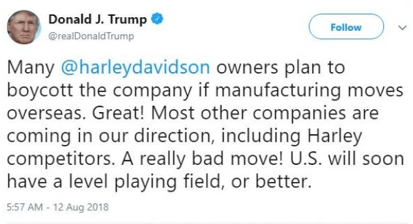 Donald Trump tweet about Harley Davidson