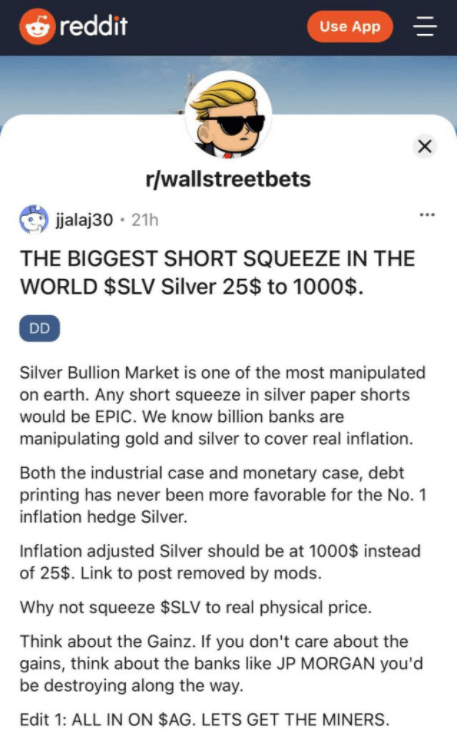 Comentario sobre la plata en WallStreetBets