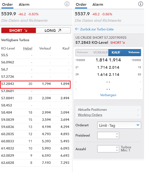 Öl handeln mit Turbos in der IG Tradingplattform