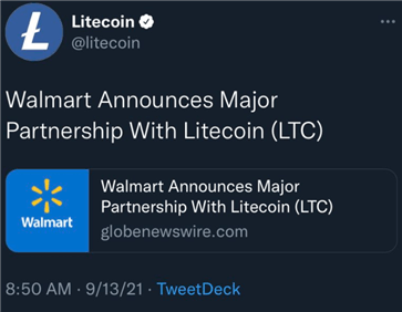 UPDATE: Litecoin (LTC) Reverses Surge After Walmart Tweet is Deleted