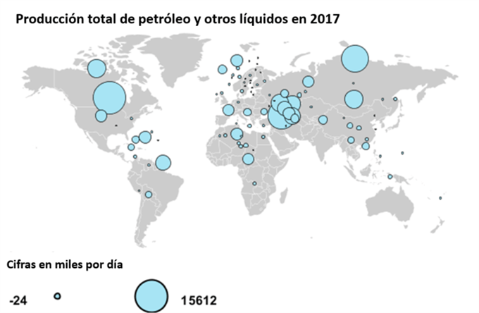 Mapa mundial de producción total de petróleo crudo en 2017