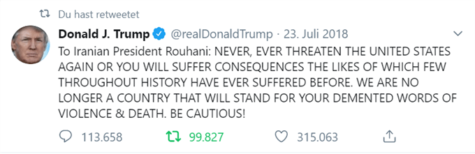 Trump droht dem Iran per Twitter