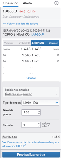 Lista de turbos para el DAX 30 en la plataforma de IG / Profundidad de mercado