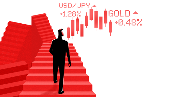 Man clmbing steps and looking at trading charts, illustrated