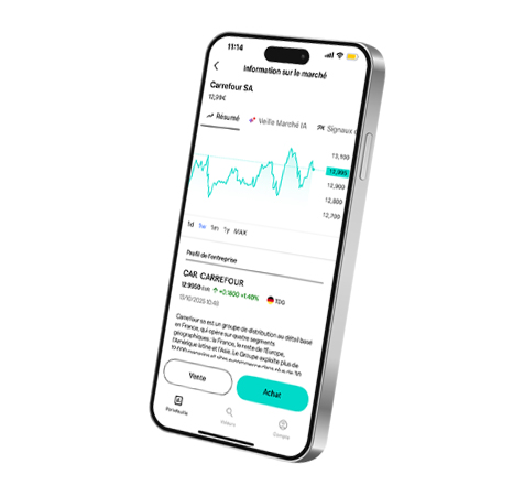 écran mobile avec le cours des actions sur plateforme d'investissement