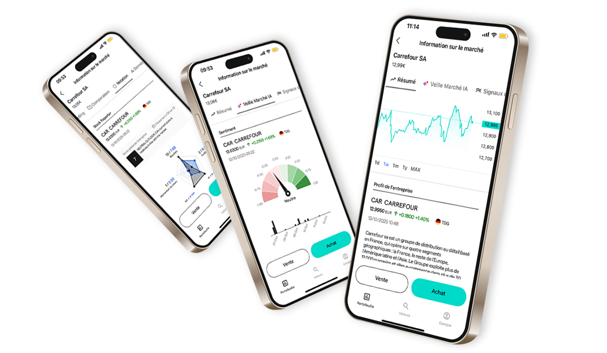 smartphone montrant notre plateforme d'investissement avec des actions