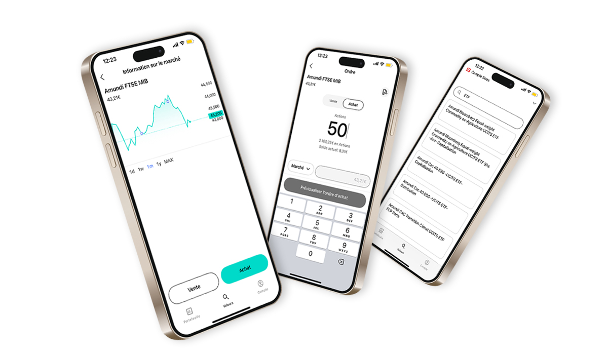 smartphone montrant notre plateforme d'investissement avec des ETF