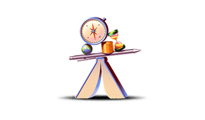 Graphic composition including a book, compass, coins and a pen