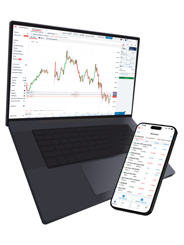 IG Trading platform shown on laptop and mobile