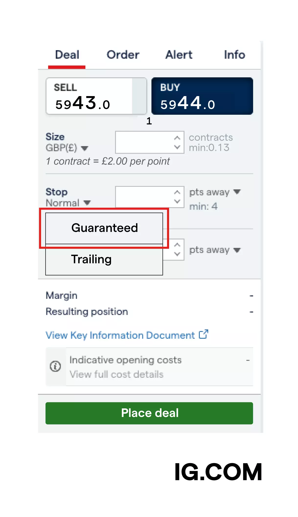 A deal ticket showing two types of stops – a trailing stop and a guaranteed stop. The guaranteed stop option is highlighted.