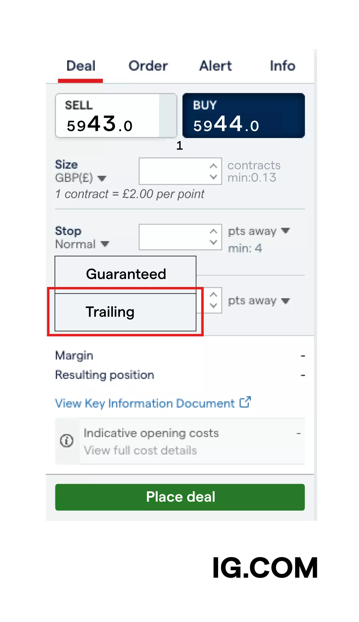 A deal ticket showing two types of stops – a trailing stop and a guaranteed stop. The trailing stop option is highlighted