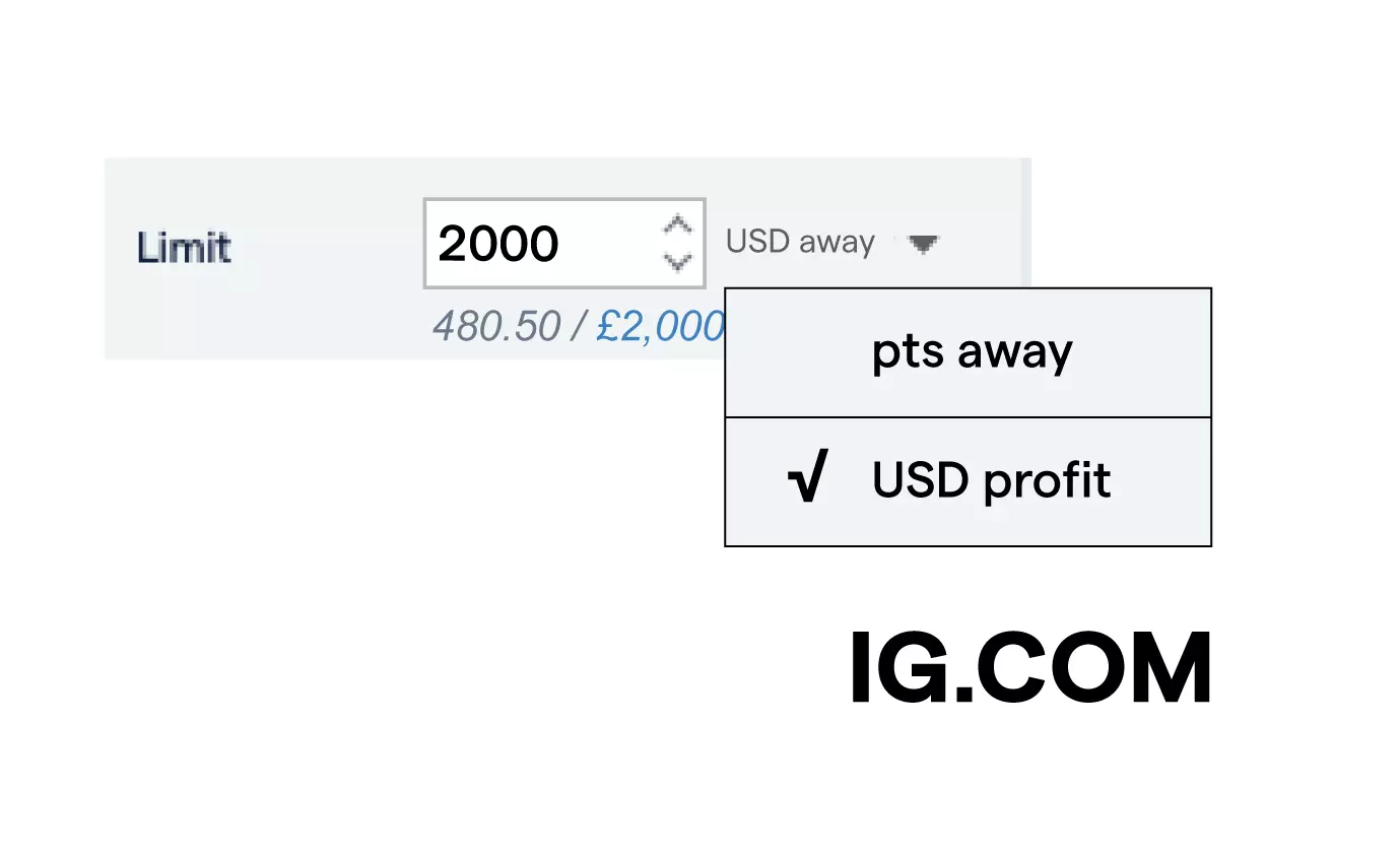Two ways to set limit orders highlighted on the platform: one using points away from current market level and another using USD profits.