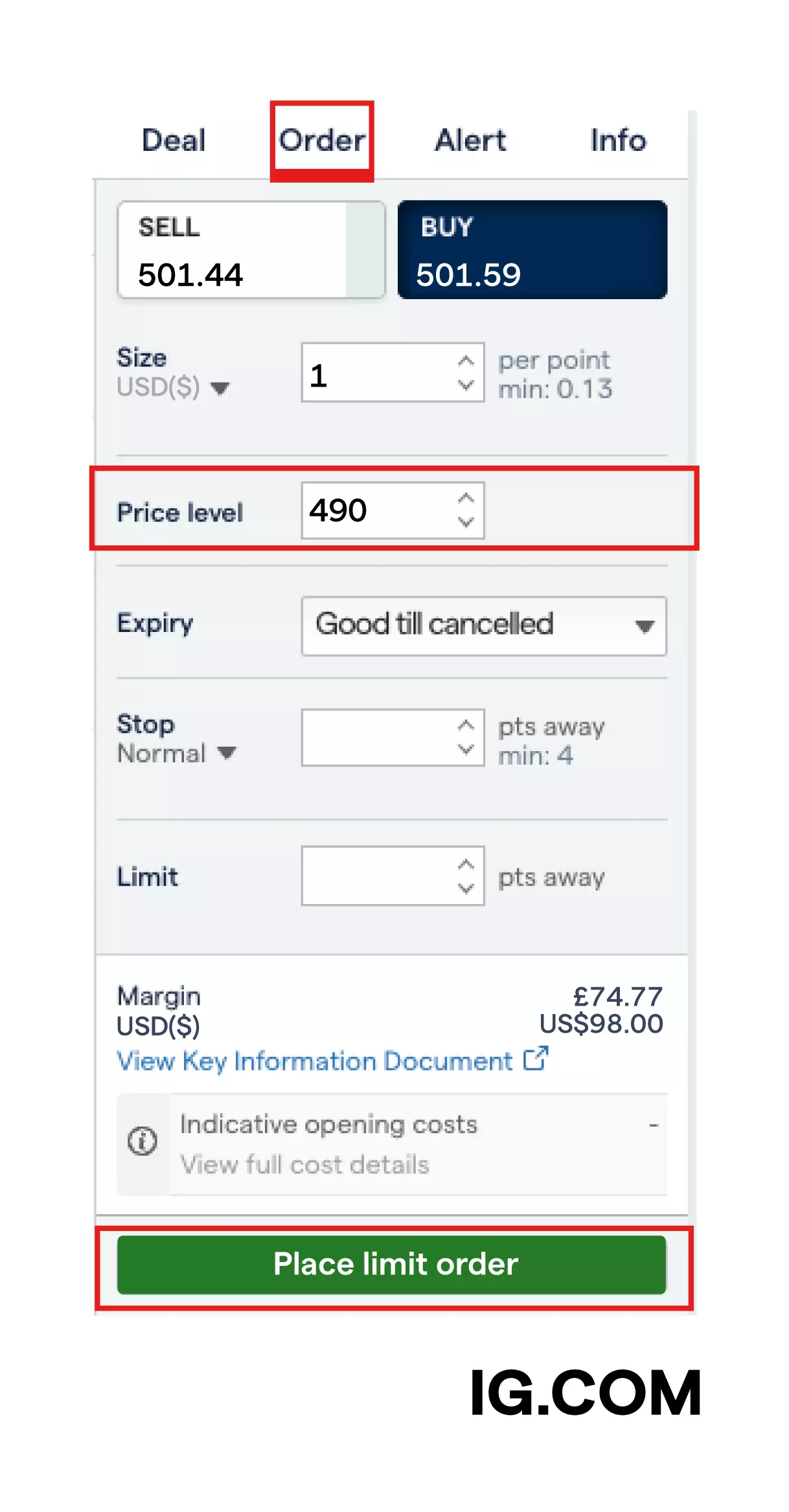 A deal ticket with an order to open a trade when the market hits a specified price level.