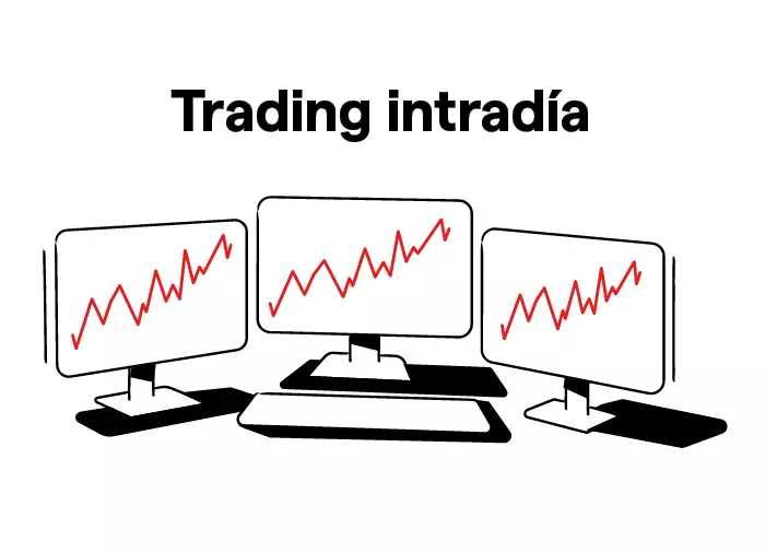 Imagen de tres pantallas con gráficos de líneas que muestran movimientos significativos del mercado para representar el trading intradía