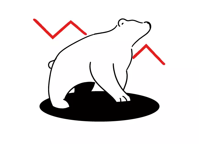 Immagine di un orso con un grafico a linee al ribasso sullo sfondo.