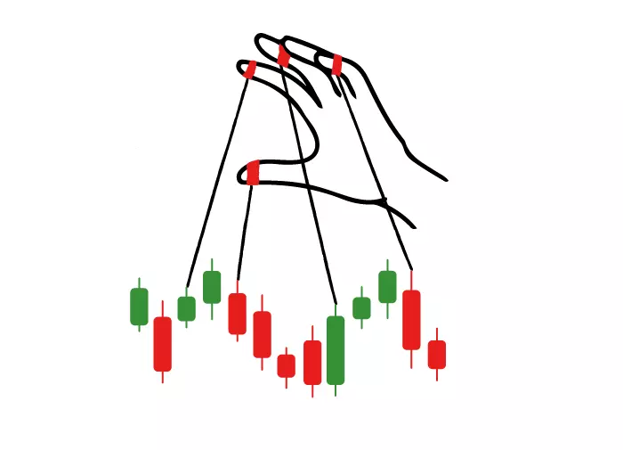 Immagine di una mano che muove dei fili di marionetta attaccati a un grafico a candele del mercato azionario.