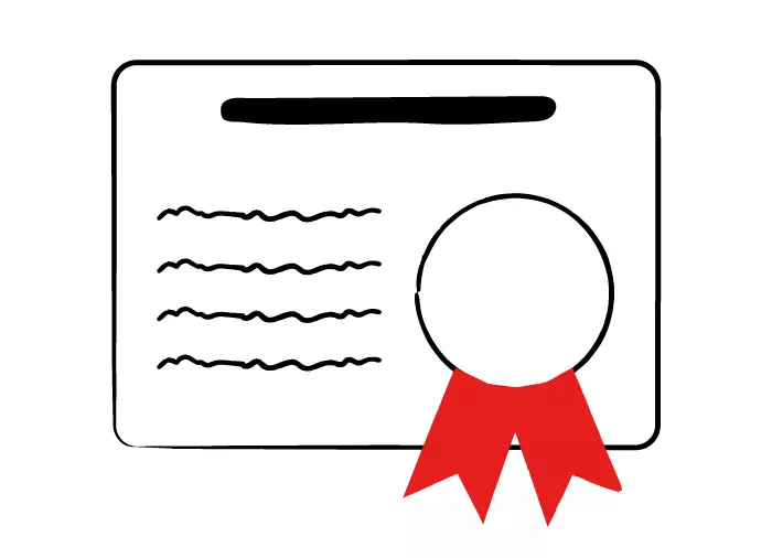 Illustration av ett certifikat med en text på och ett rött band, som representerar en warrant.
