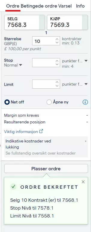 En skjermdump av ordrevinduet på IG-tradingplattformen som viser hvordan man plasserer en ordre og hvordan det ser ut når ordren er bekreftet.