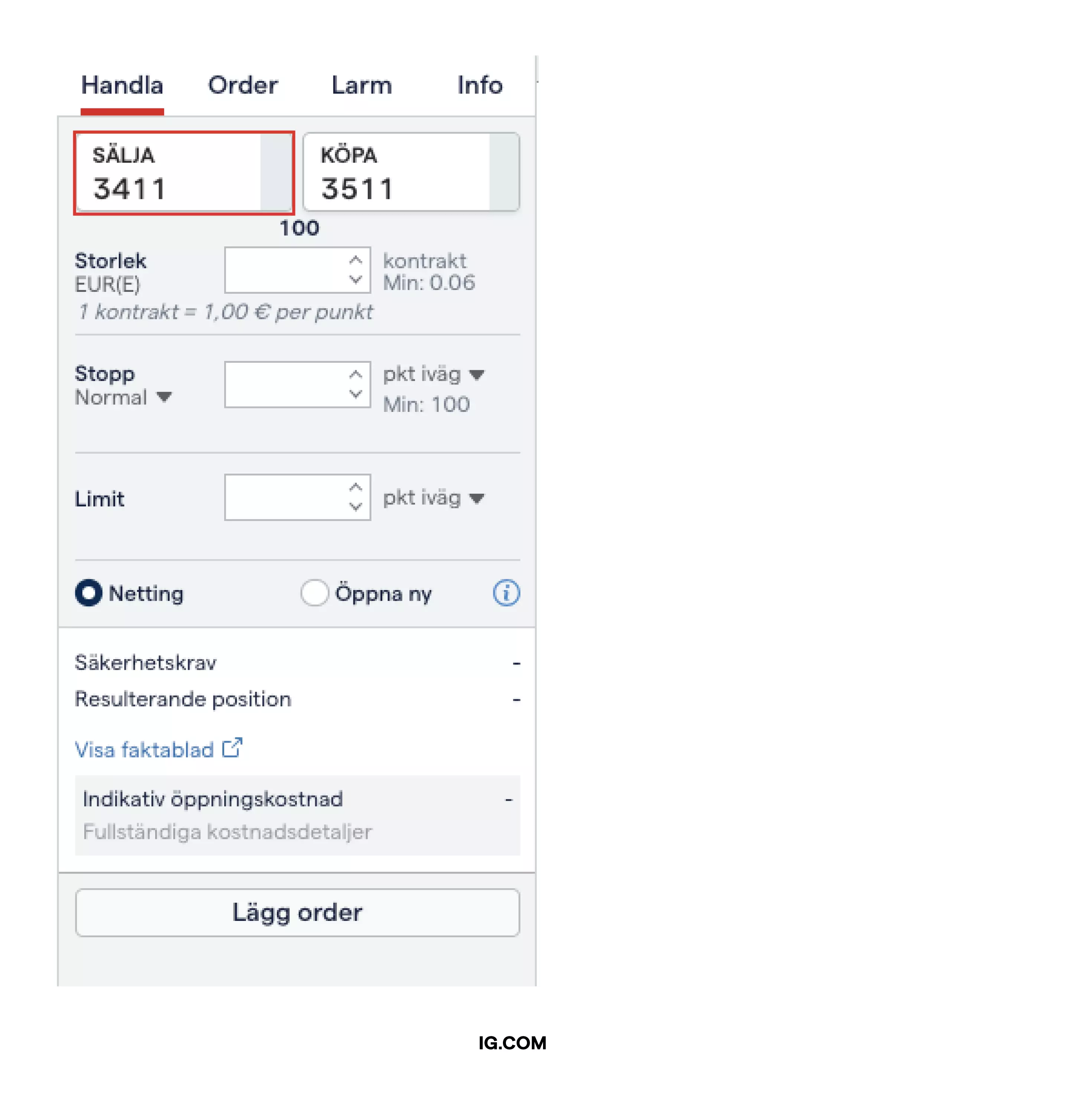 Skärmbild av ett EUR/USD-orderfönster på vår tradingplattform som visar var du väljer att köpa eller sälja, och hur och var du anger stopp- och limitordrar.
