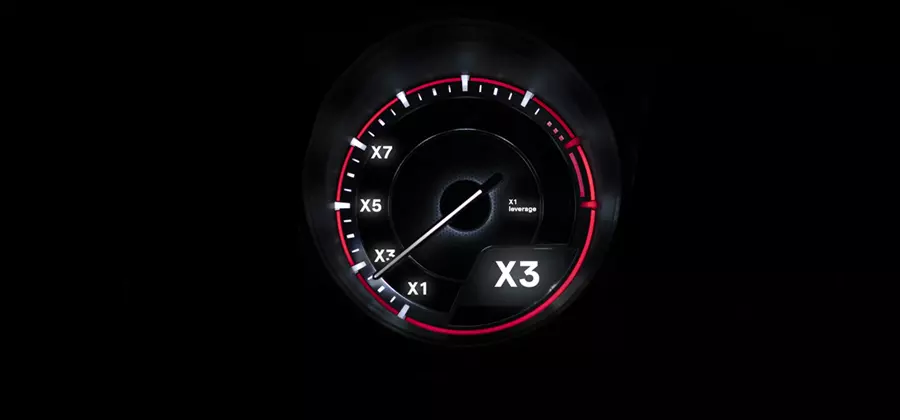 Speedometer som viser giring, fra x1 til x7 med x3 valgt.
