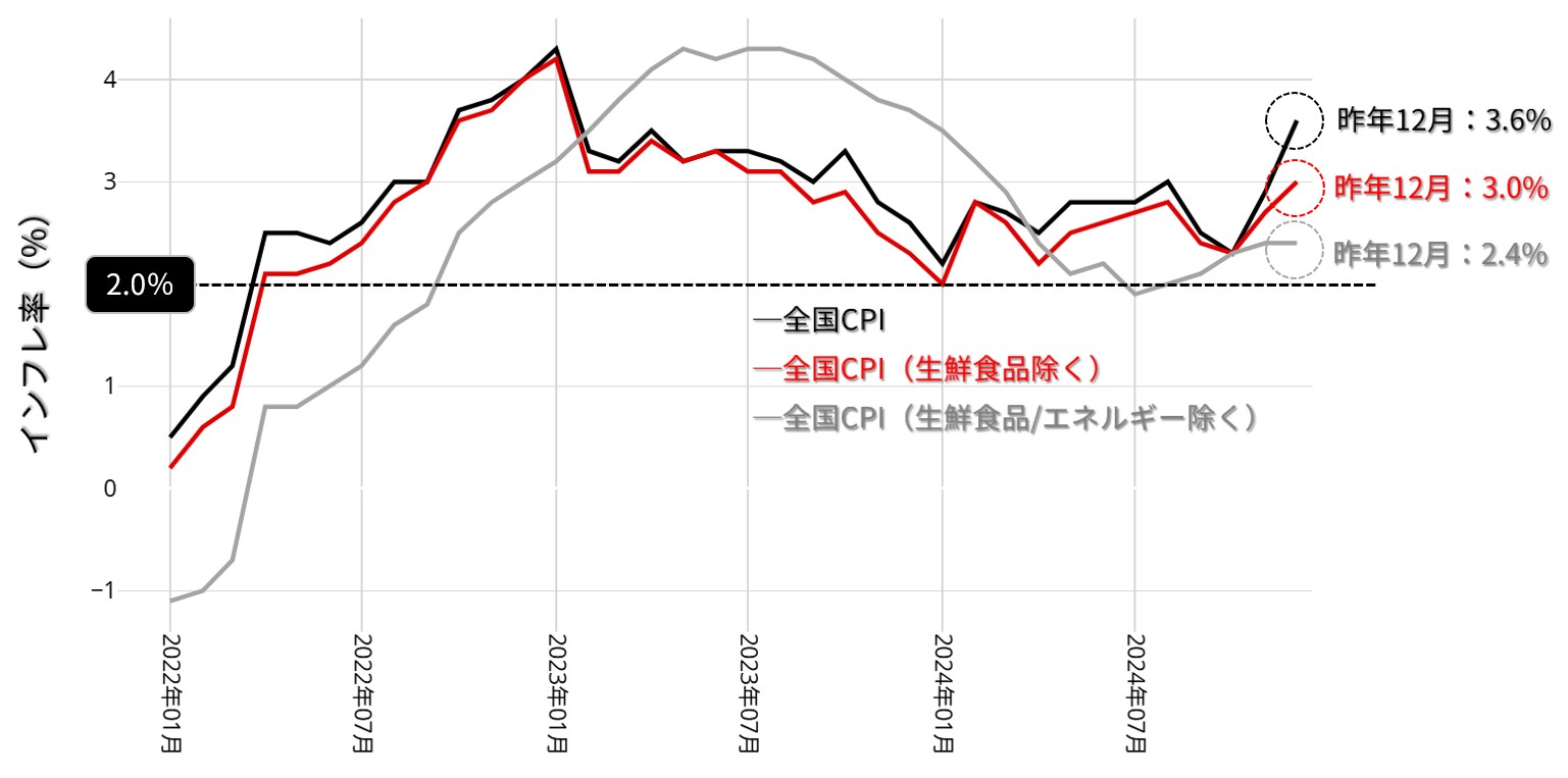 国内 消費者物価指数（CPI）：月次 2022年1月～2024年12月