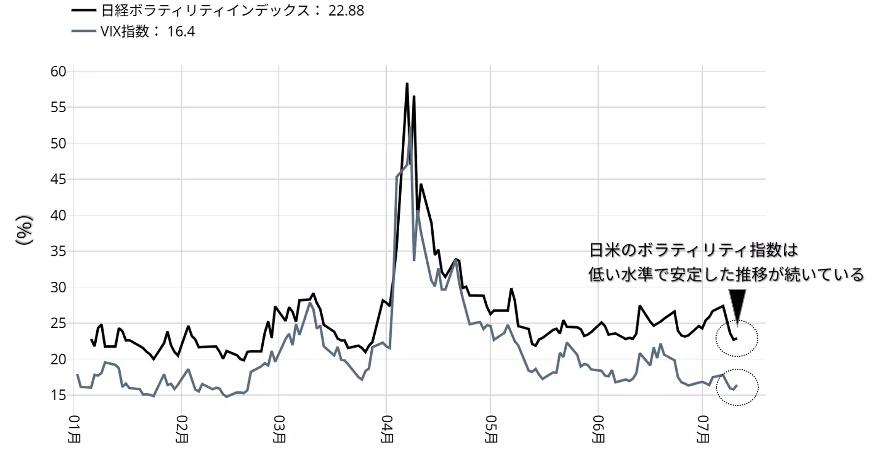 VIX指数と日経ボラティリティインデックスのチャート：日足 年初来