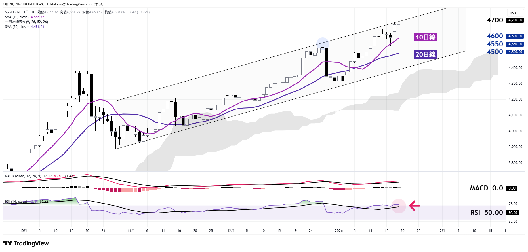 金価格の日足チャート：昨年10月以降