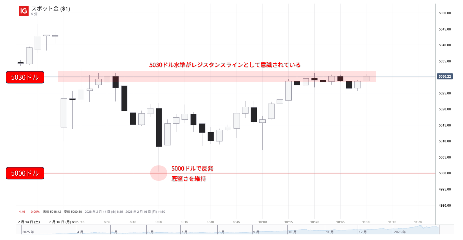 金価格の5分足チャート：16日スタートから午前11時までの動向