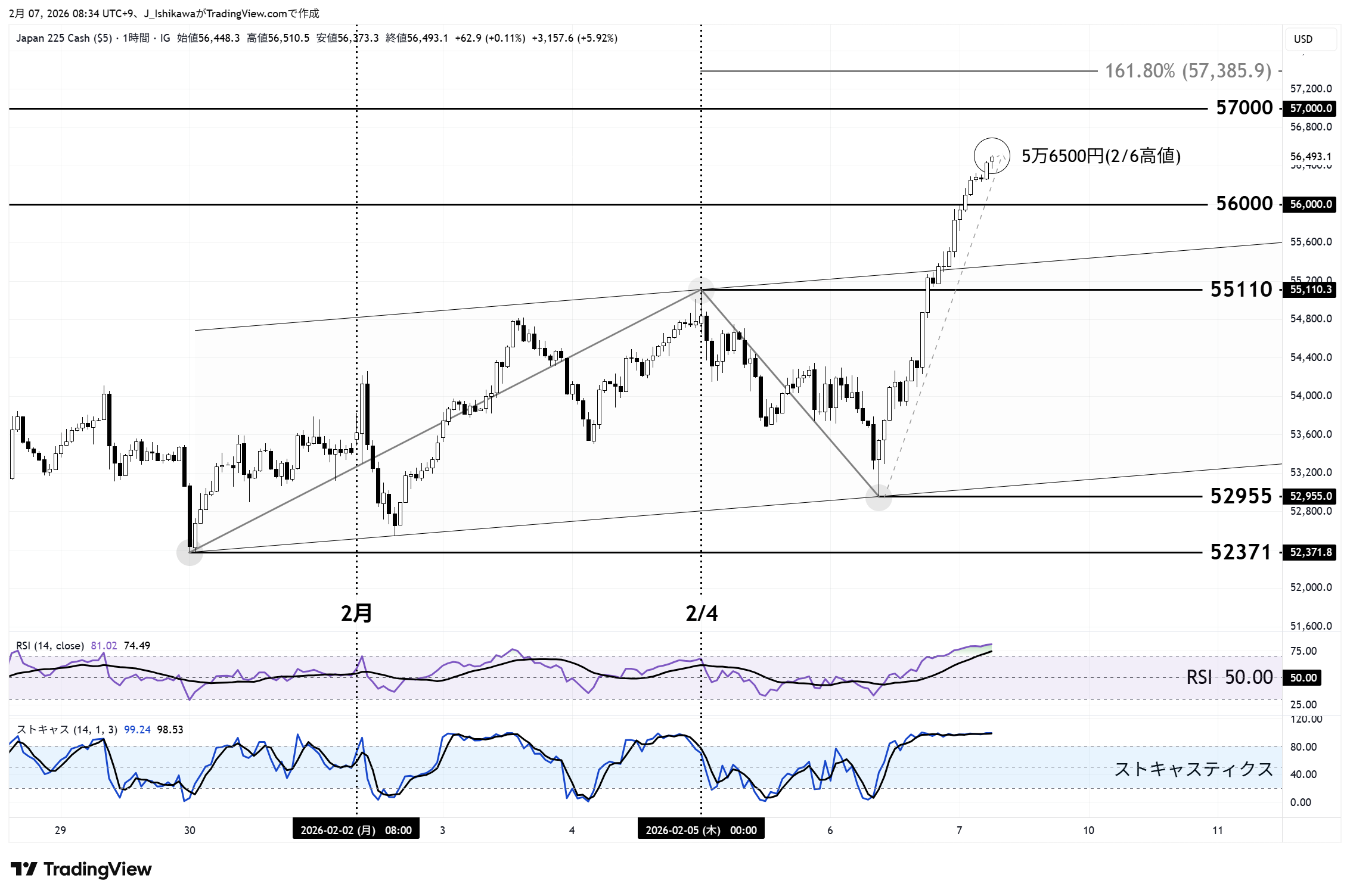 日本225の1時間足チャート：1月下旬以降