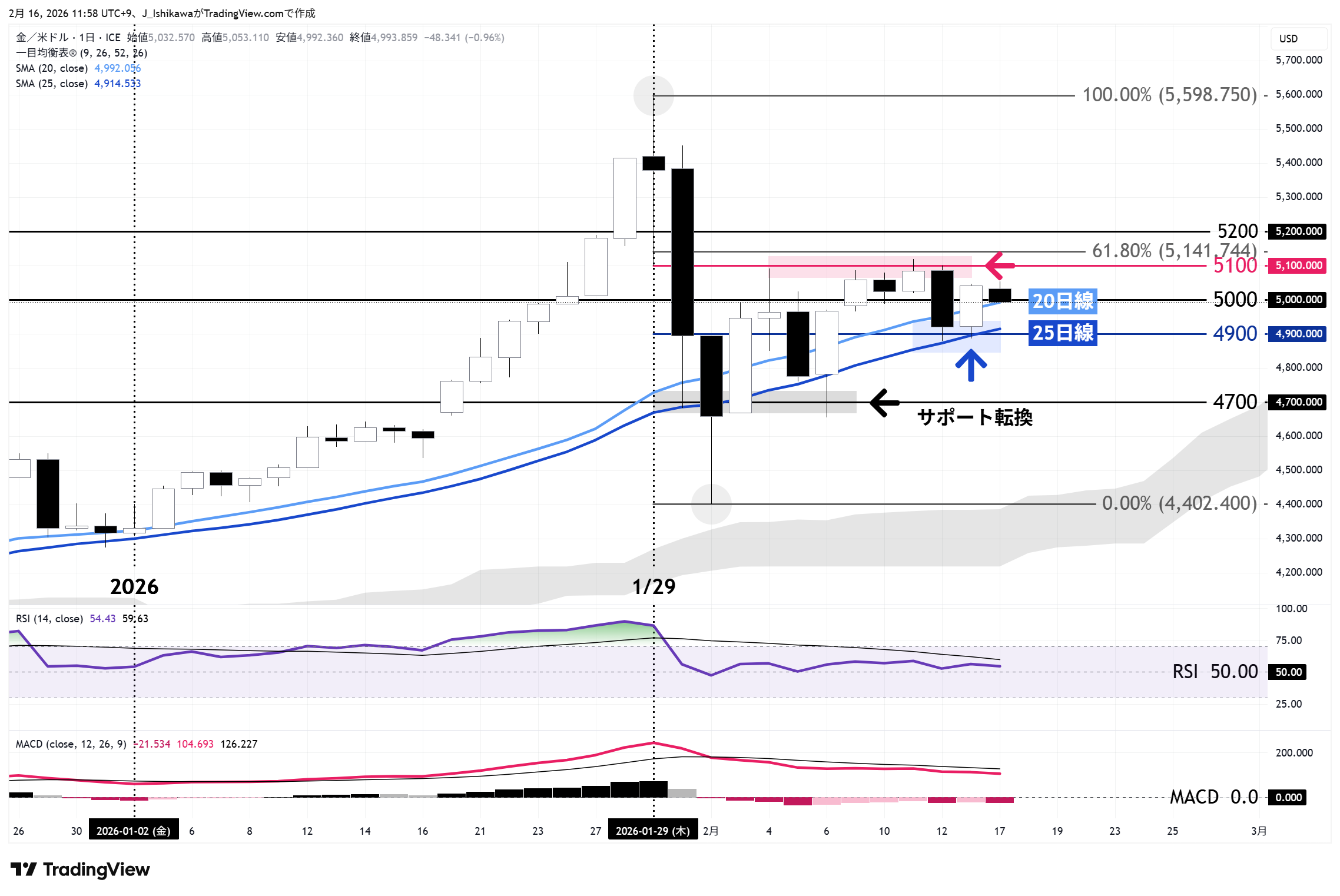 金価格の日足チャート：今年1月以降