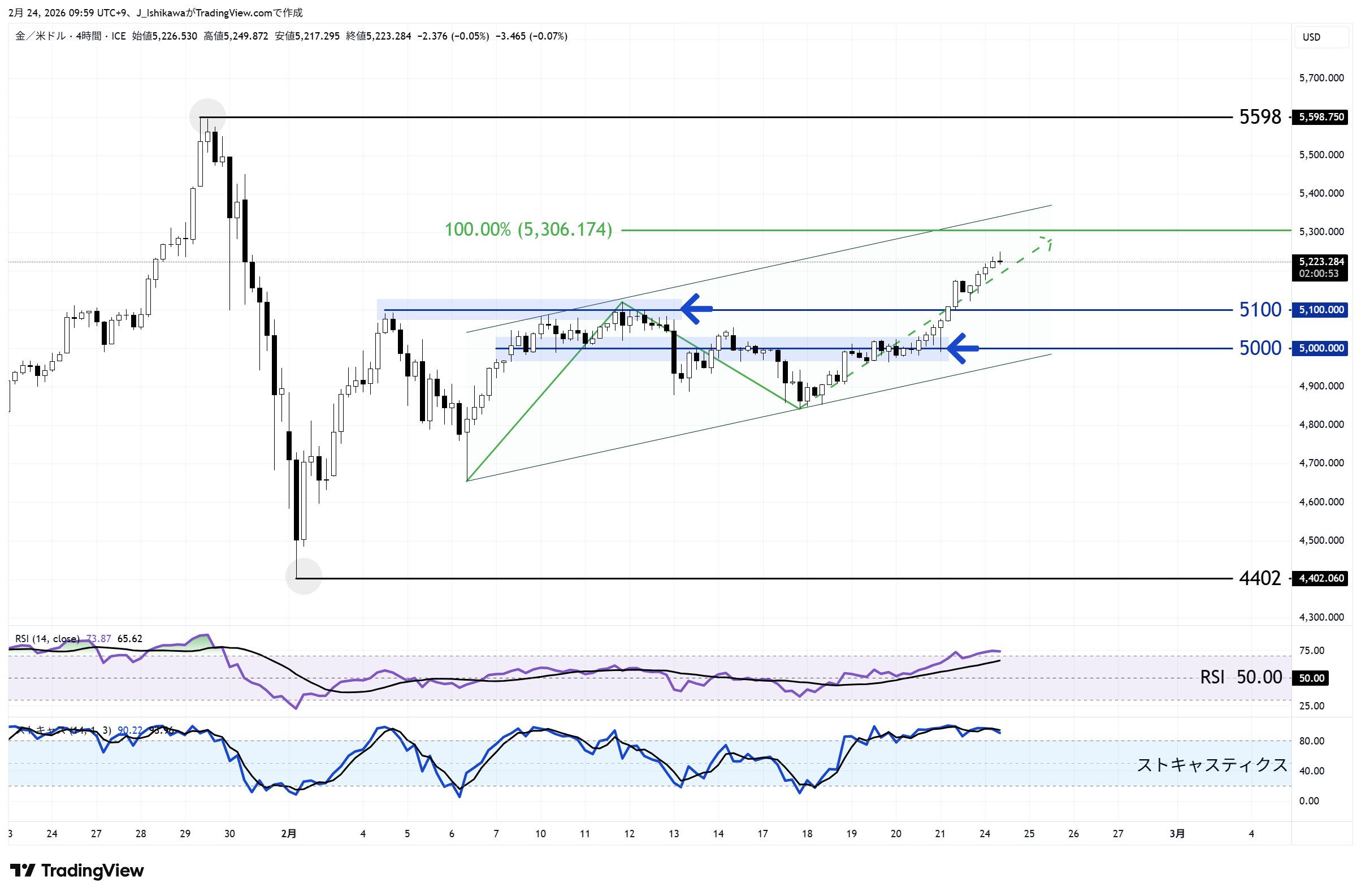 金価格の日足チャート：昨年12月下旬以降