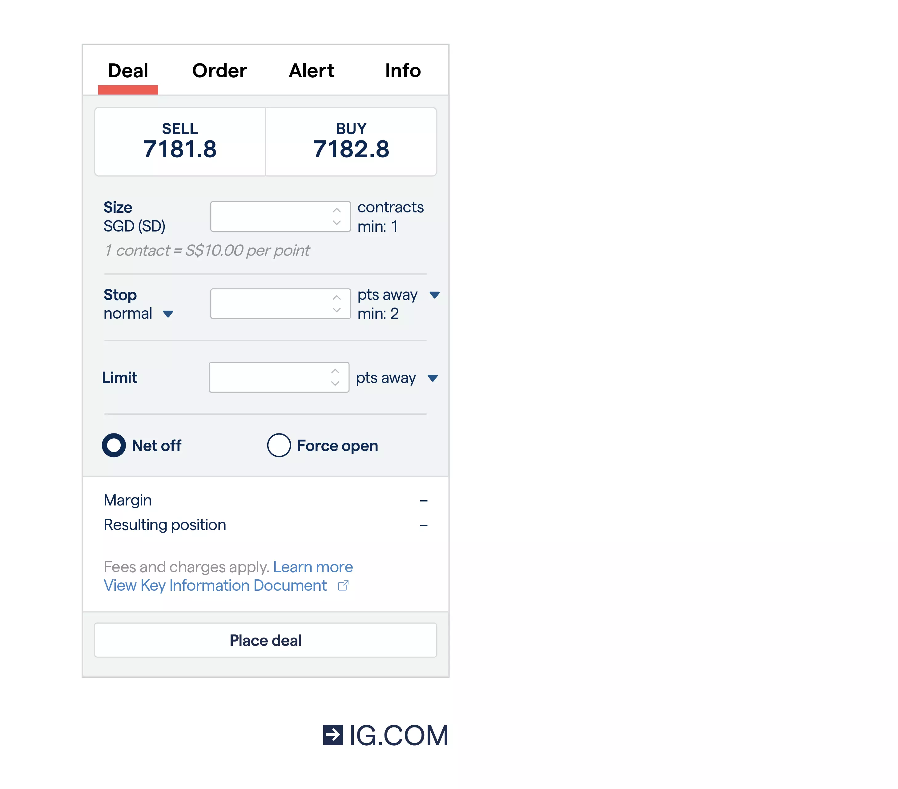 The deal ticket of a CFD trading account showing how to place a market order