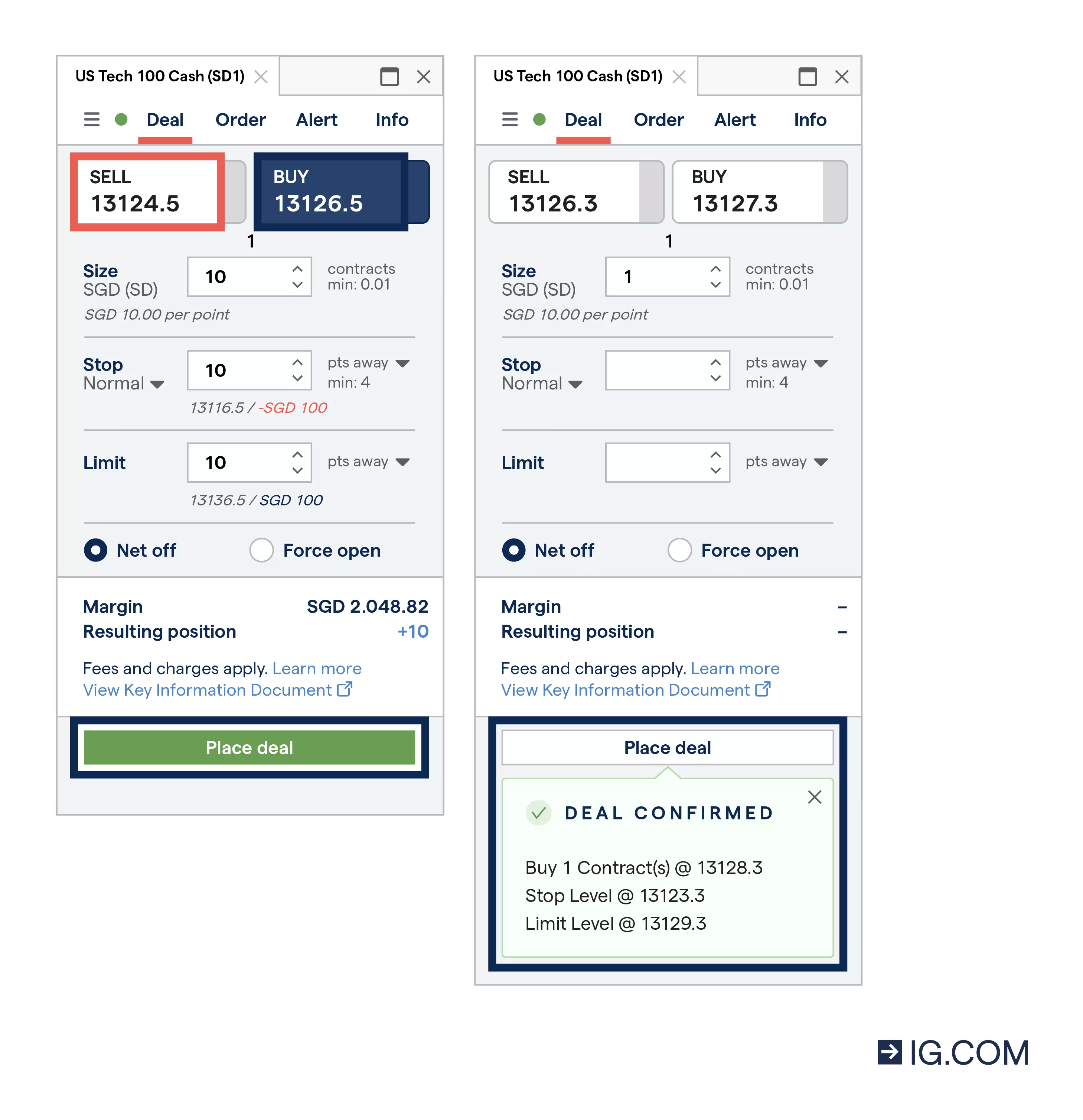 Two screenshots of the IG platform deal ticket showing how to place a trade and what it looks like when the deal is confirmed.