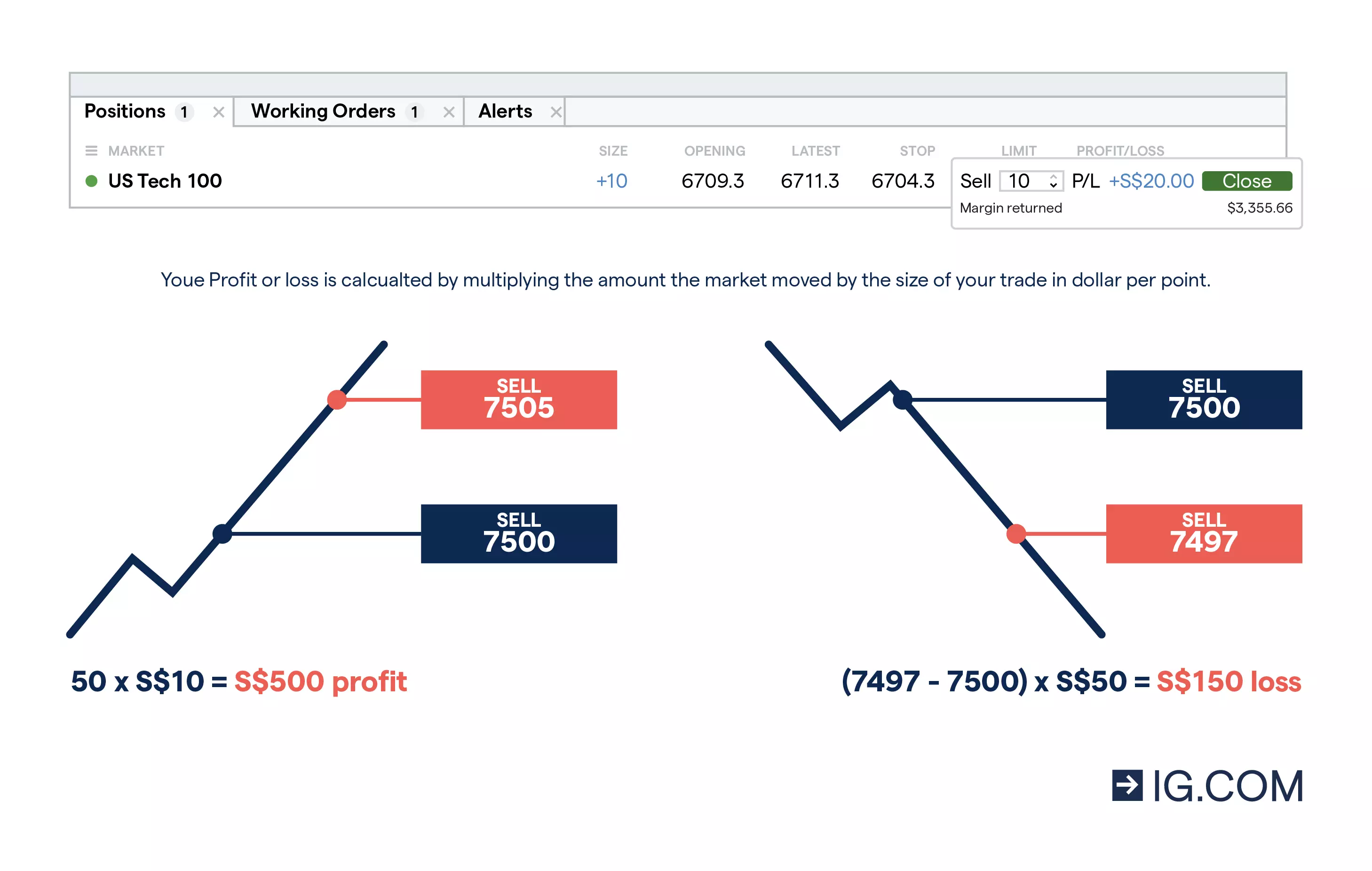 Two graphs showing a long position profit example as well as a short position profit example.