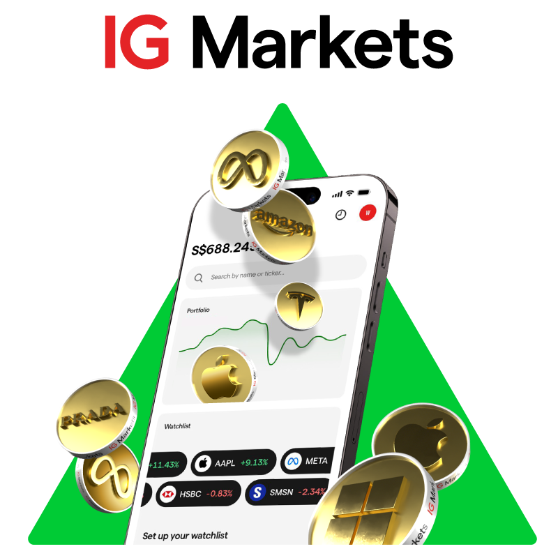 Smartphone displaying IG One investment app interface with golden coins and 'Grow your money' messaging