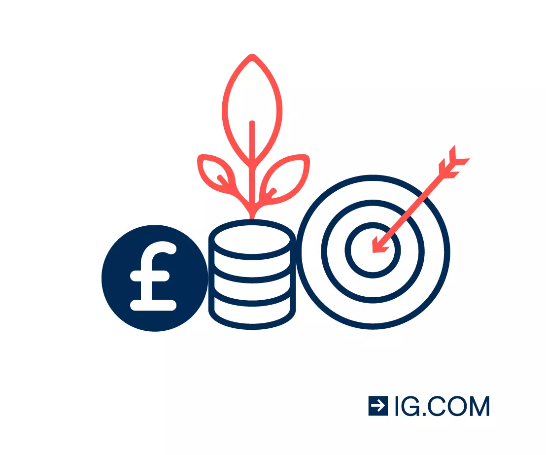 Image of the pound currency symbol, a stack of coins with a plant growing out of it and a target board with an arrow in the centre.