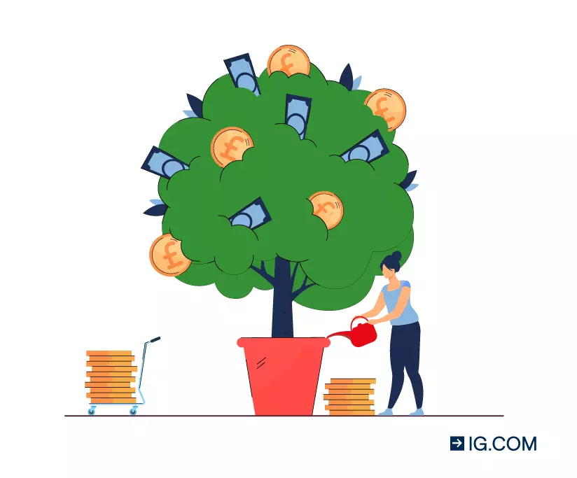 Image of a woman with a platform trolley holding a stack of harvested coins. She’s watering a potted tree with money protruding from its leaves.