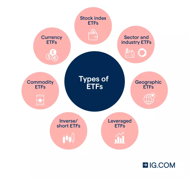 Image of one large circle with ‘types of ETFs’ written on it. Seven smaller circles surround it, each with different kinds of ETFs written on them.