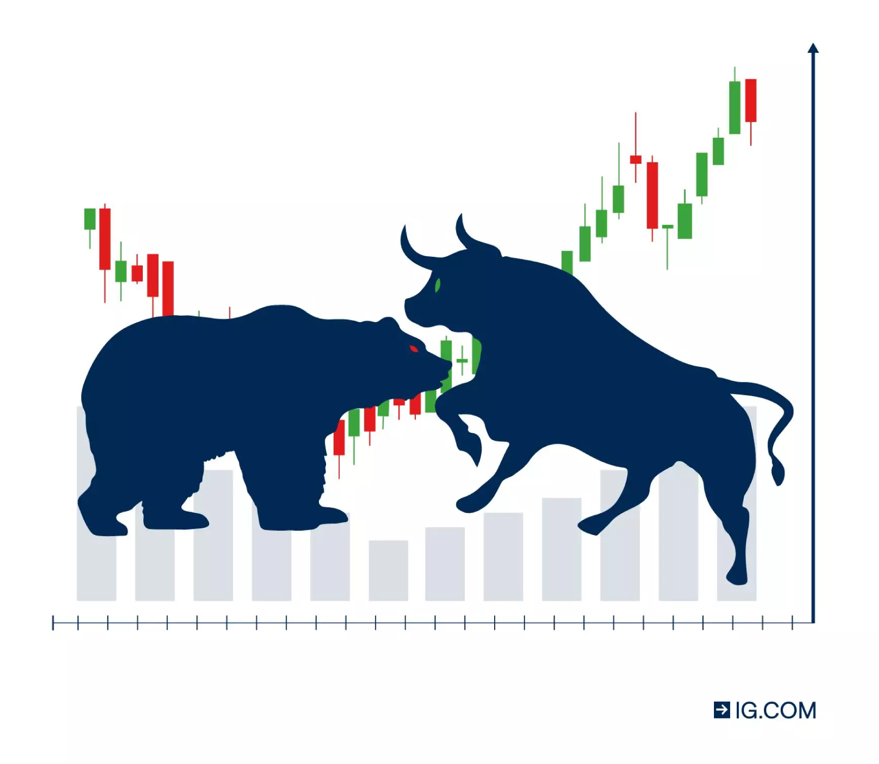 Image of a bear and a bull facing off against a backdrop of a basic candlestick chart.