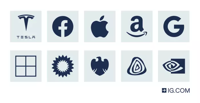Logos of the top 10 most traded global stocks in the world including Alphabet, Apple, Facebook, Amazon, Microsoft, Tesla, Vodafone, Nvidia, Barclays, and Lloyd Group.