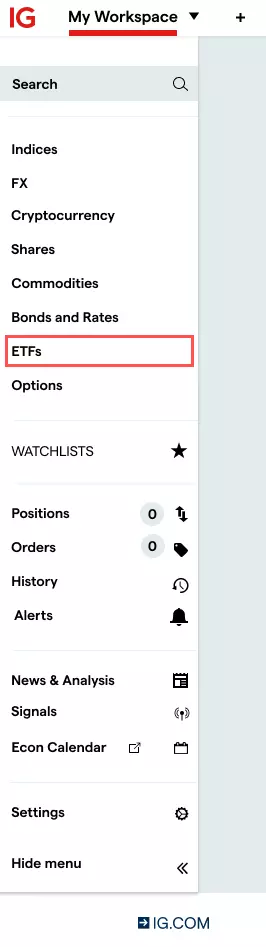 Where to find ETFs in an IG trading account on the web platform. Open the workspace and it’ll appear in the list on the left side of the screen.