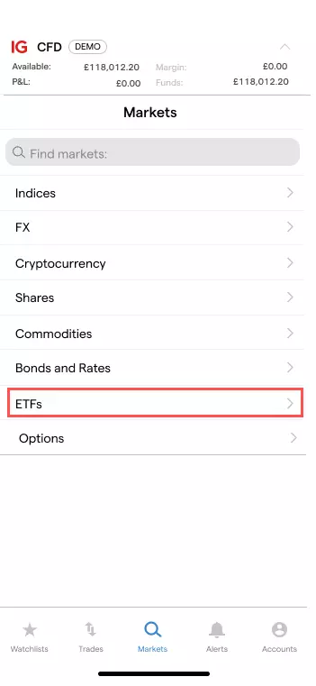 Screenshot of where to find ETFs in an IG trading account on mobile. Tap ‘markets’ at the bottom and you’ll see ‘ETFs’ in the subsequent list.