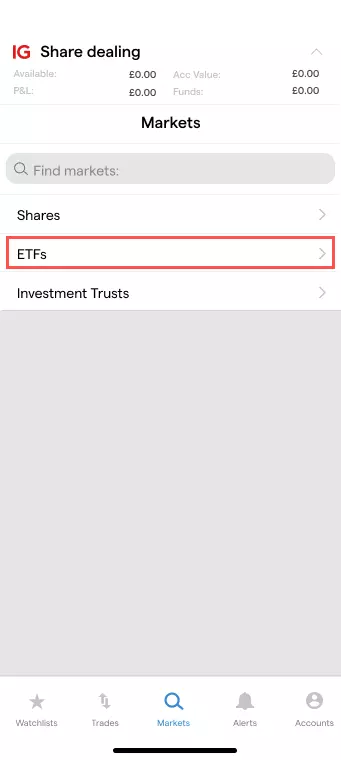 Screenshot of where to find ETFs in an IG share dealing account on mobile. Tap ‘markets’ at the bottom and then select ‘ETFs’ in the subsequent list.