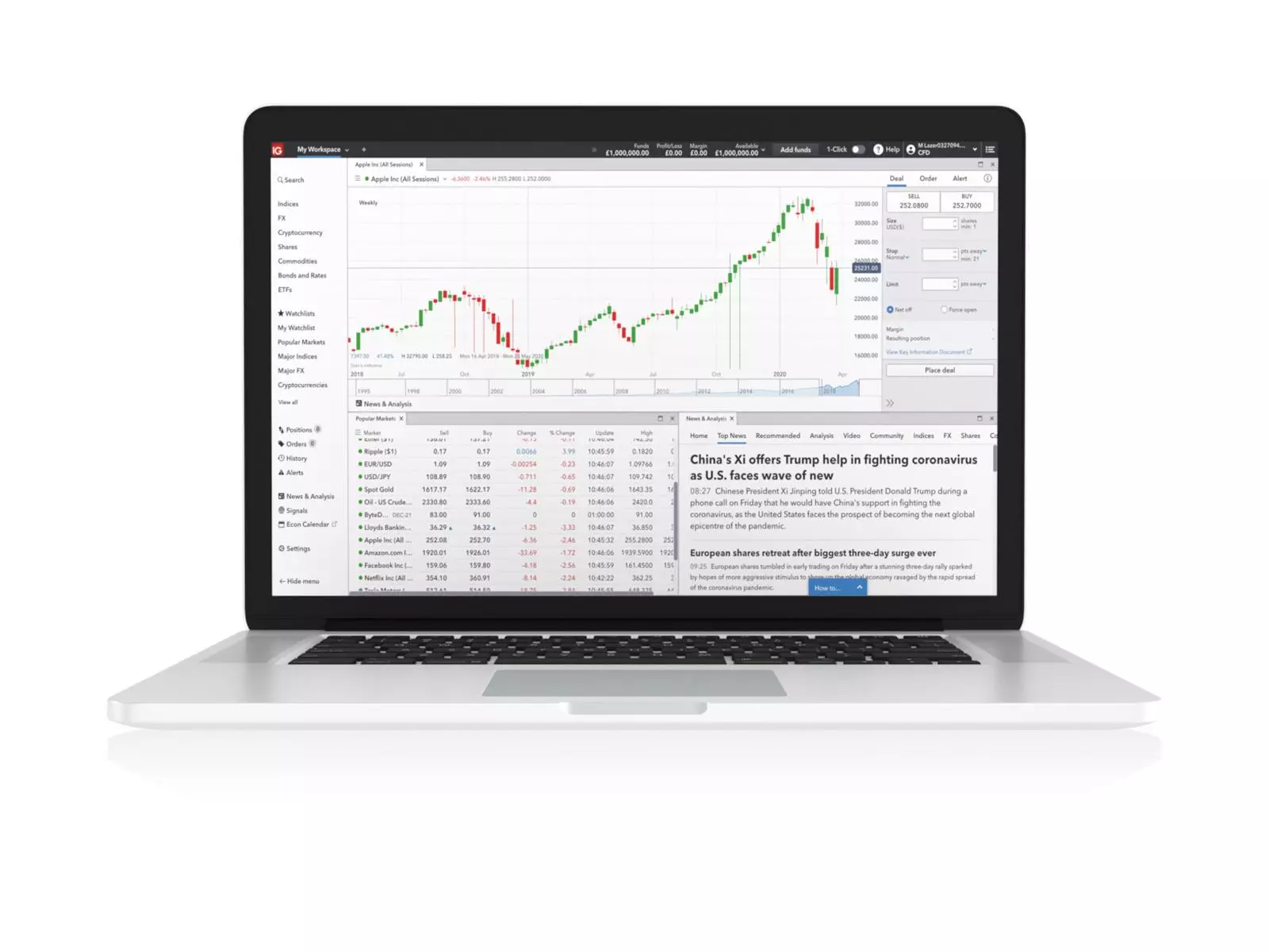 Exemple de présentation de la plateforme de trading en ligne d'IG sur un ordinateur portable. Des graphiques, des marchés et d'autres informations s'affichent à l'écran.